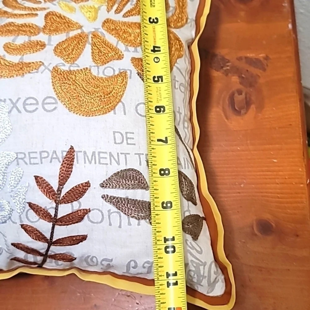 Pier 1 Floral Embroidered Lumbar Pillow Paris Script‎ Yellow Gold 18x12 Accent